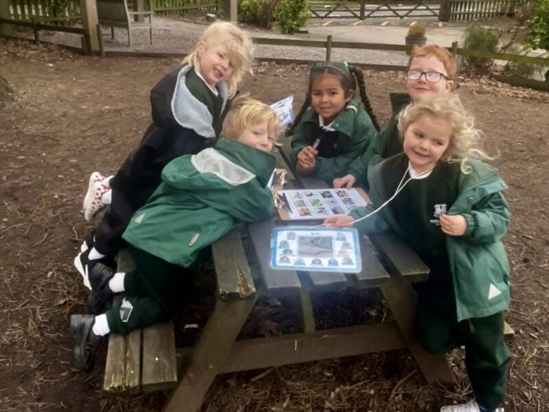 Children bird watching within school grounds